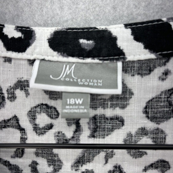 JM Collection 100% Linen Blouse Womens Size 18W Animal Print Tab Sleeves Pocket - Picture 6 of 7